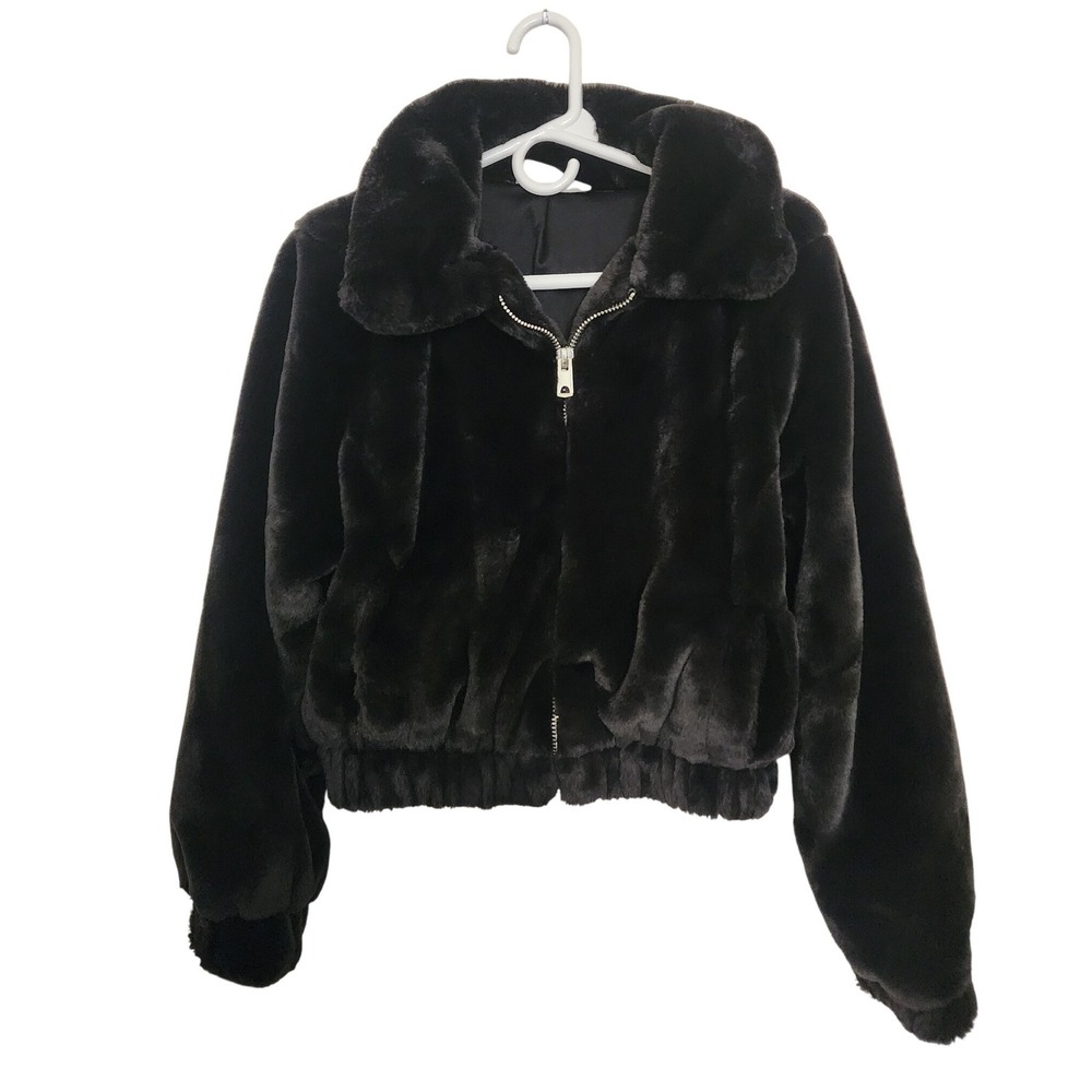 No Boundaries Black Faux Fur Bomber Jacket Full Zip Cropped M 8-10 NB44100128933